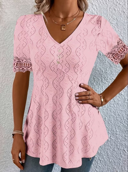 Calvoria | Lace Trim V Neck Casual Blouse