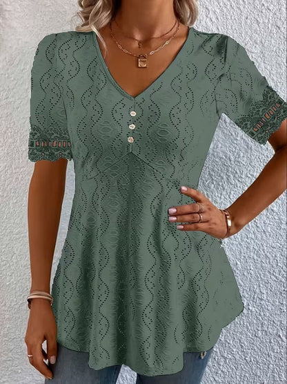 Calvoria | Lace Trim V Neck Casual Blouse