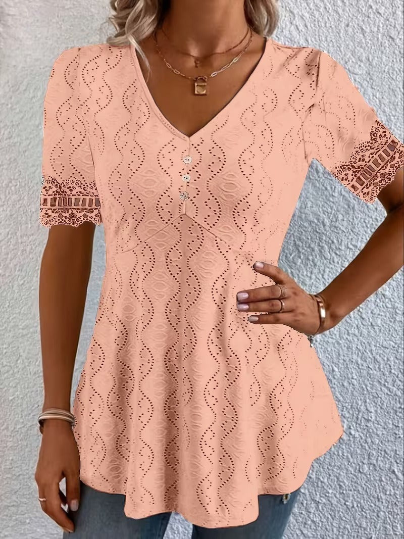 Calvoria | Lace Trim V Neck Casual Blouse