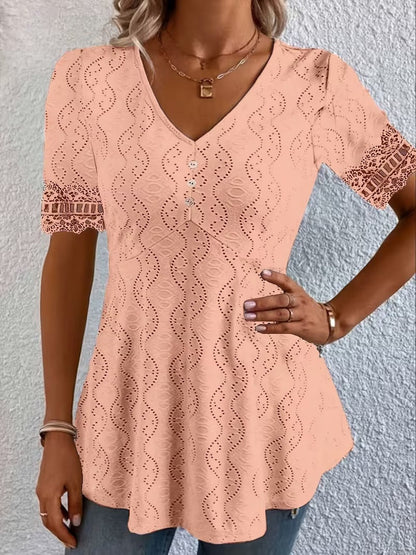 Calvoria | Lace Trim V Neck Casual Blouse