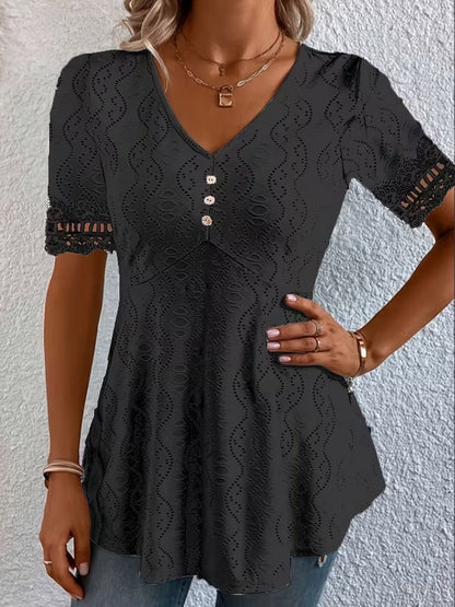 Calvoria | Lace Trim V Neck Casual Blouse