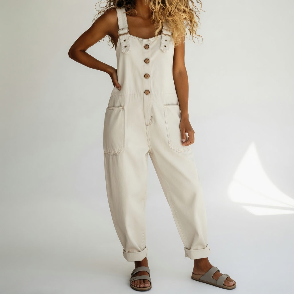 Zyvessa | Button Front Denim Wide Leg Jumpsuit