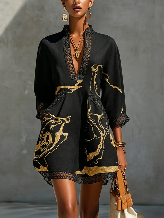 Petronelle | Metallic Print V Neck Dress
