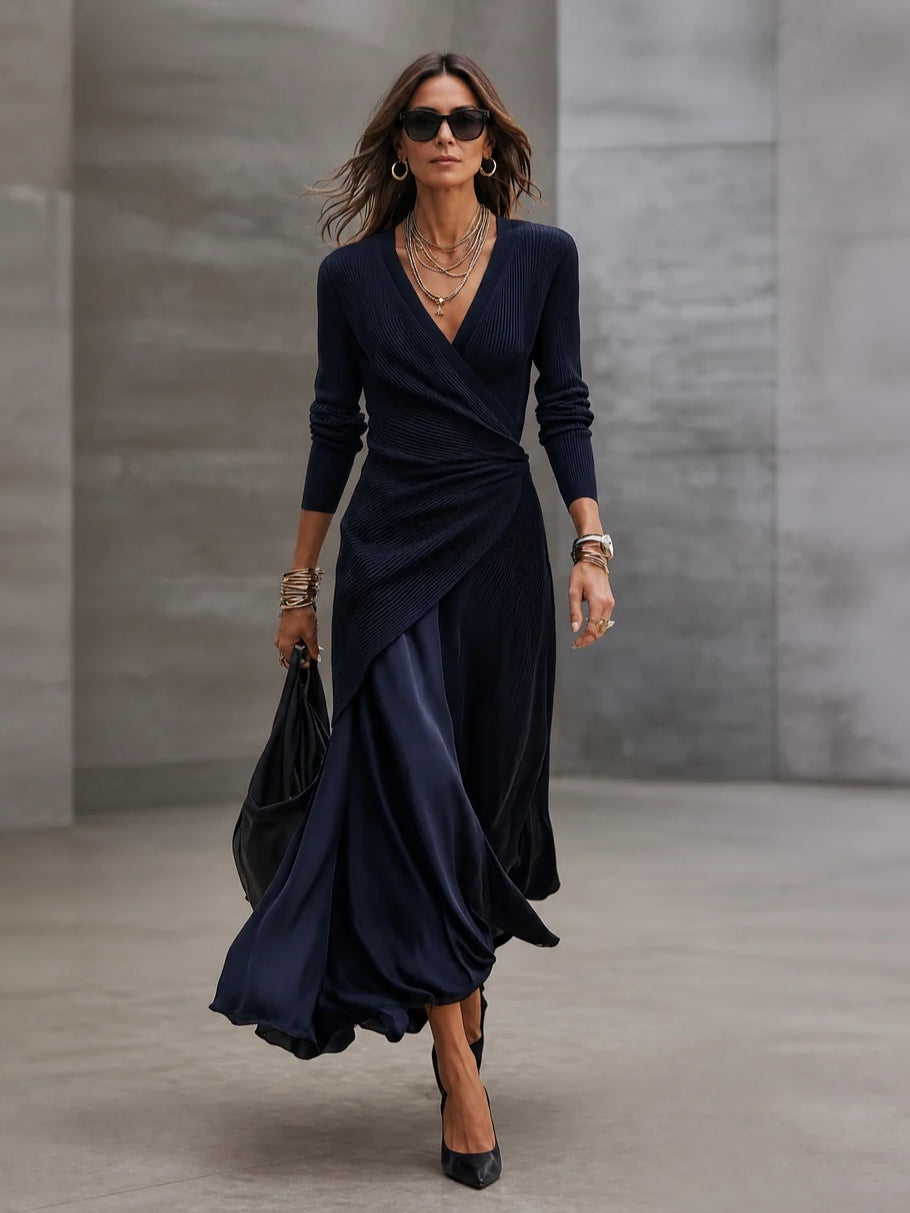 Kesselle | Pleated V Neck Long Sleeve Dress