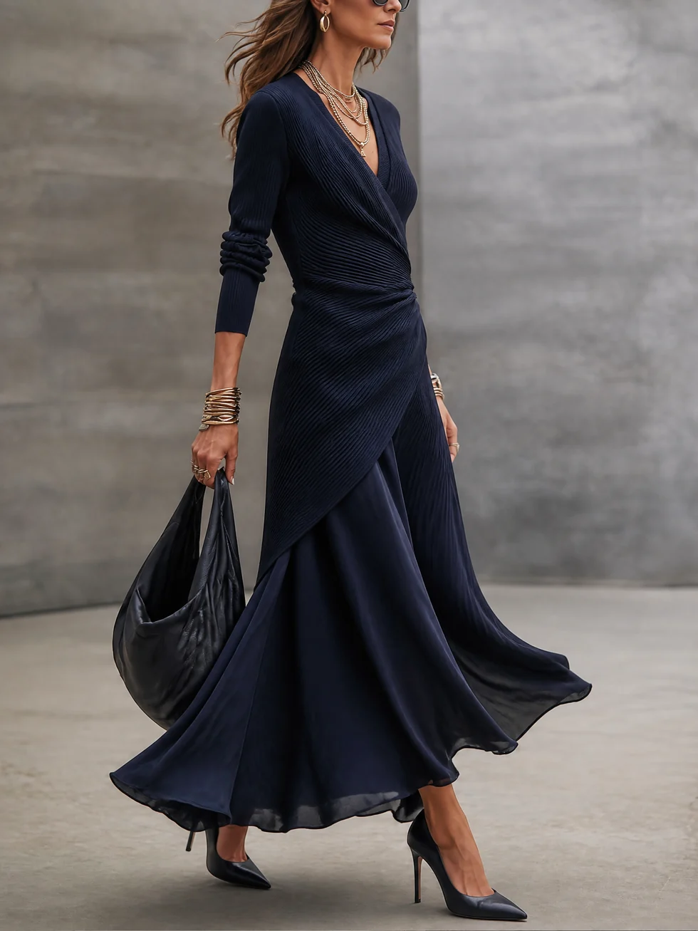 Kesselle | Pleated V Neck Long Sleeve Dress