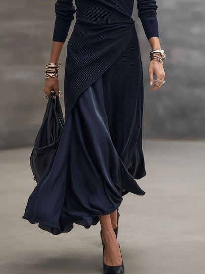 Kesselle | Pleated V Neck Long Sleeve Dress