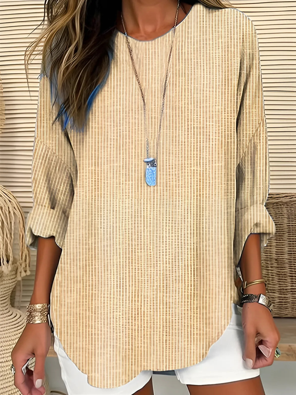 Thaloria | Striped Round Neck Casual Blouse