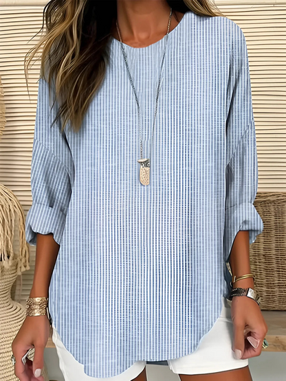 Thaloria | Striped Round Neck Casual Blouse
