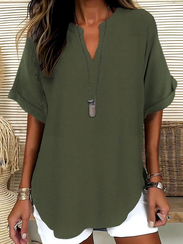 Zyvara | Linen Notch Neck Curved Hem Relaxed Short Sleeve Top