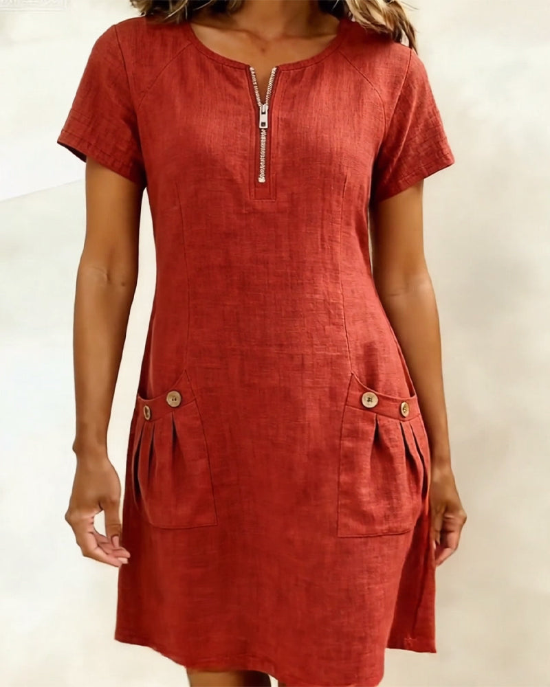 Wren | Linen Half-Zip Short Sleeve Pocket Mini Dress