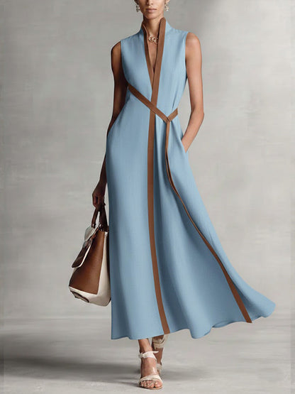 Kavryn | Contrast Trim Wrap V-Neck Sleeveless Flared Maxi Dress