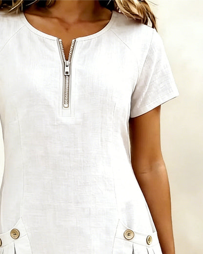 Wren | Linen Half-Zip Short Sleeve Pocket Mini Dress