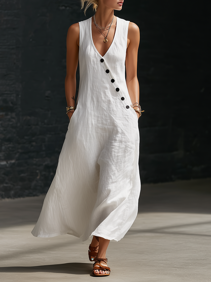 Zyvara | Linen V-Neck Diagonal Button Sleeveless Pocket Maxi Dress