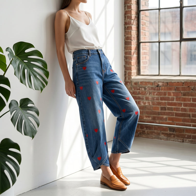 Delaney | Heart Print Barrel Leg Jeans