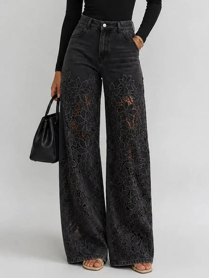 Norella | Lace Panel Denim Trousers