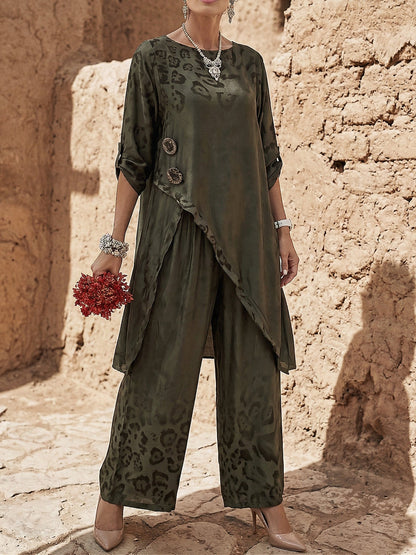 Lorrex | Animal Print Button Detail Longline Top & Palazzo Trouser Two-Piece Set
