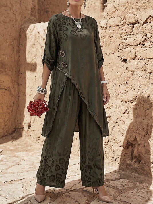 Lorrex | Animal Print Button Detail Longline Top & Palazzo Trouser Two-Piece Set