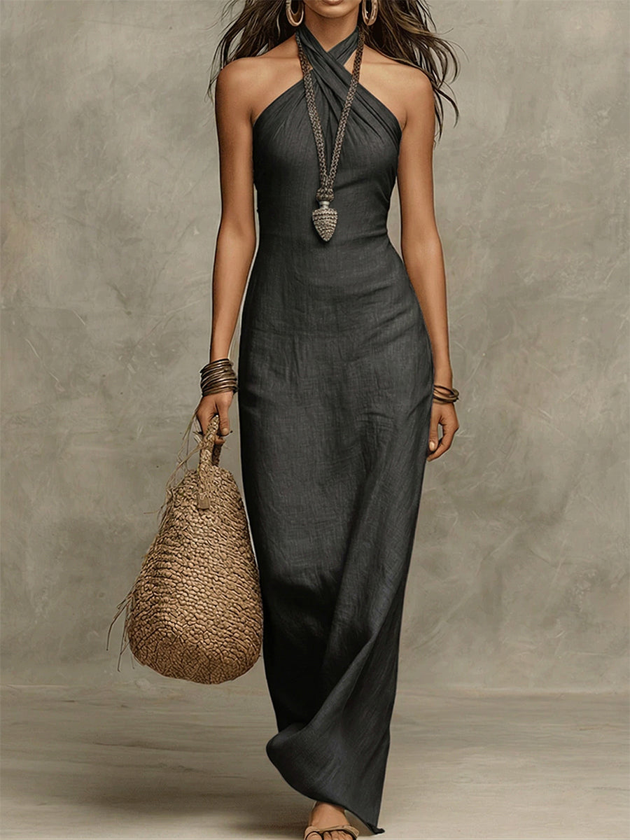 Gelvara | Linen Cross Wrap Halter Neck Fitted Maxi Dress