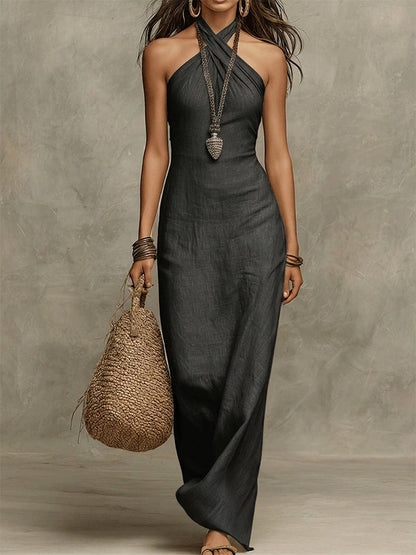 Gelvara | Linen Cross Wrap Halter Neck Fitted Maxi Dress