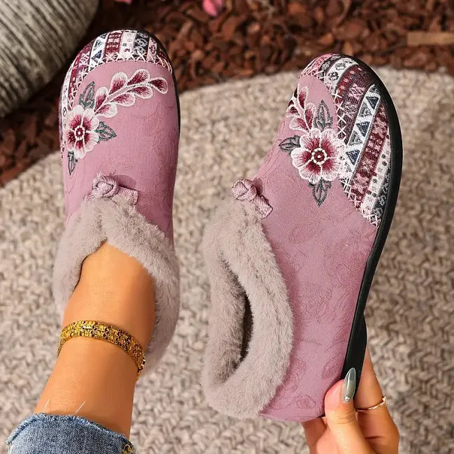Petaline | Floral Embroidered Fleece Lined House Shoes