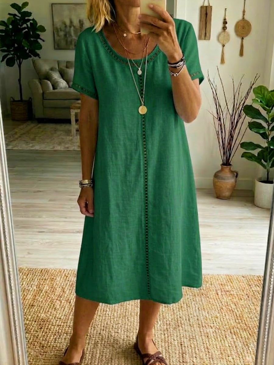 Clara | Linen Trim Detail Short Sleeve Midi Dress