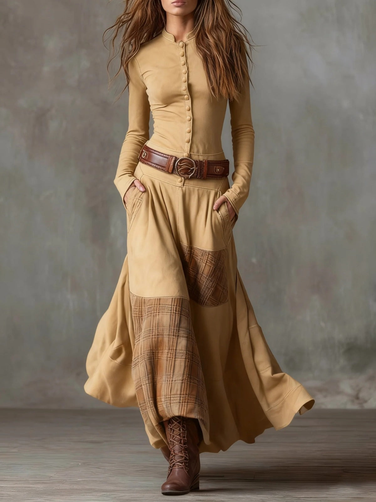 Koralie | Plaid Panel Bohemian Maxi Dress