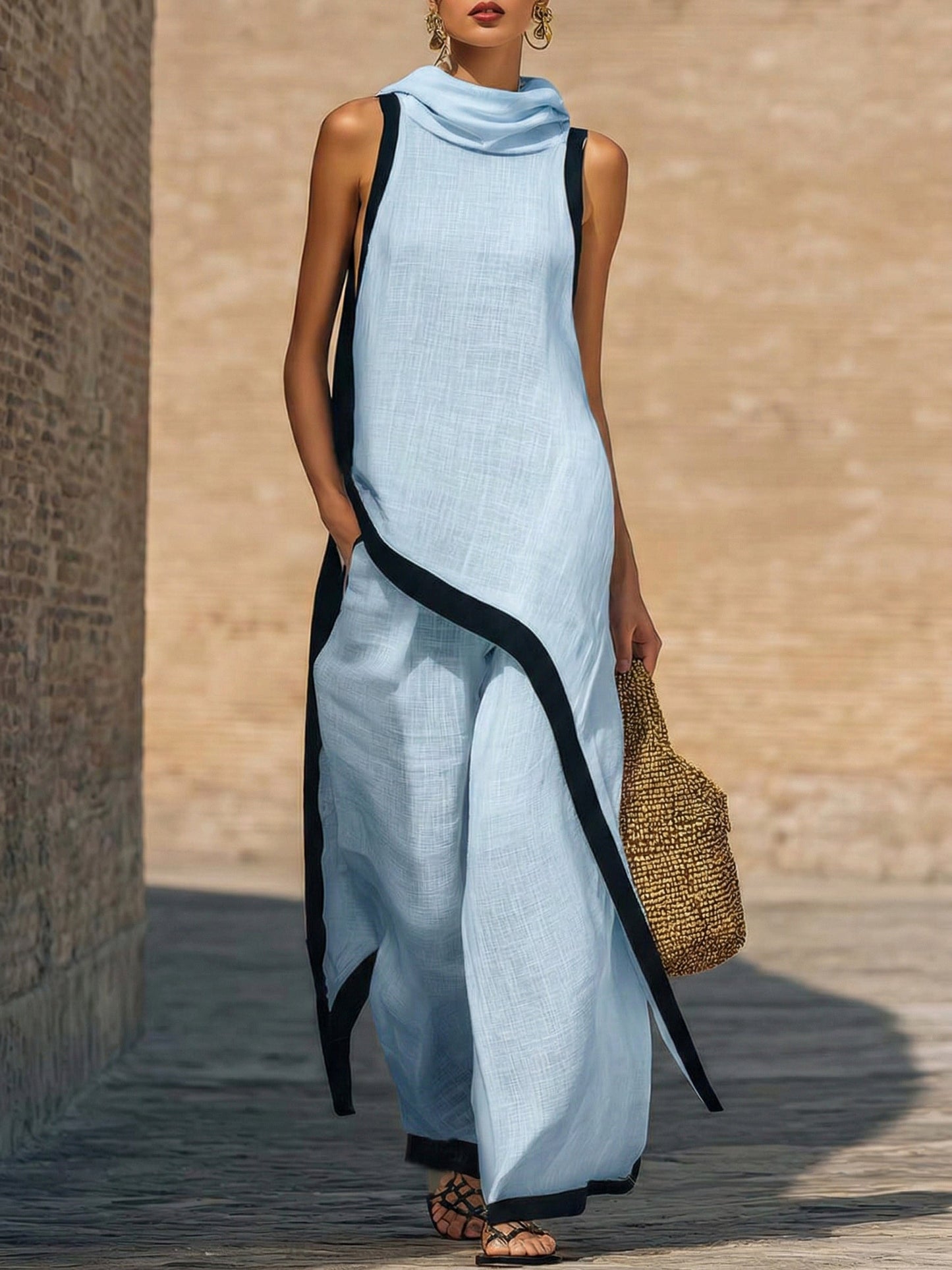 Gelvara | Contrast Trim Cowl Neck Asymmetric Linen Top & Wide Leg Trouser Set
