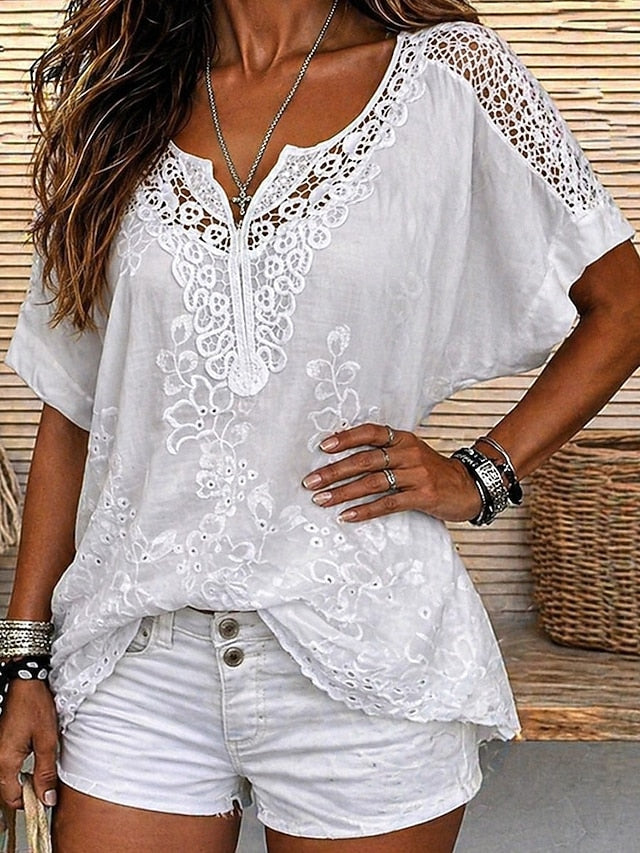 Odalys | Embroidered Lace V Neck Blouse