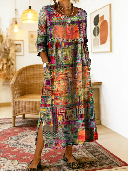Frida | Boho Patchwork Print Relaxed Maxi Dress with Pockets