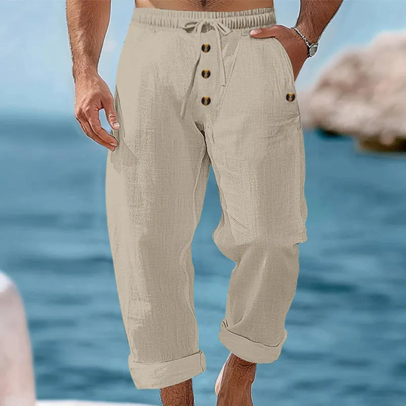 Osric | Button Detail Linen Blend Trousers