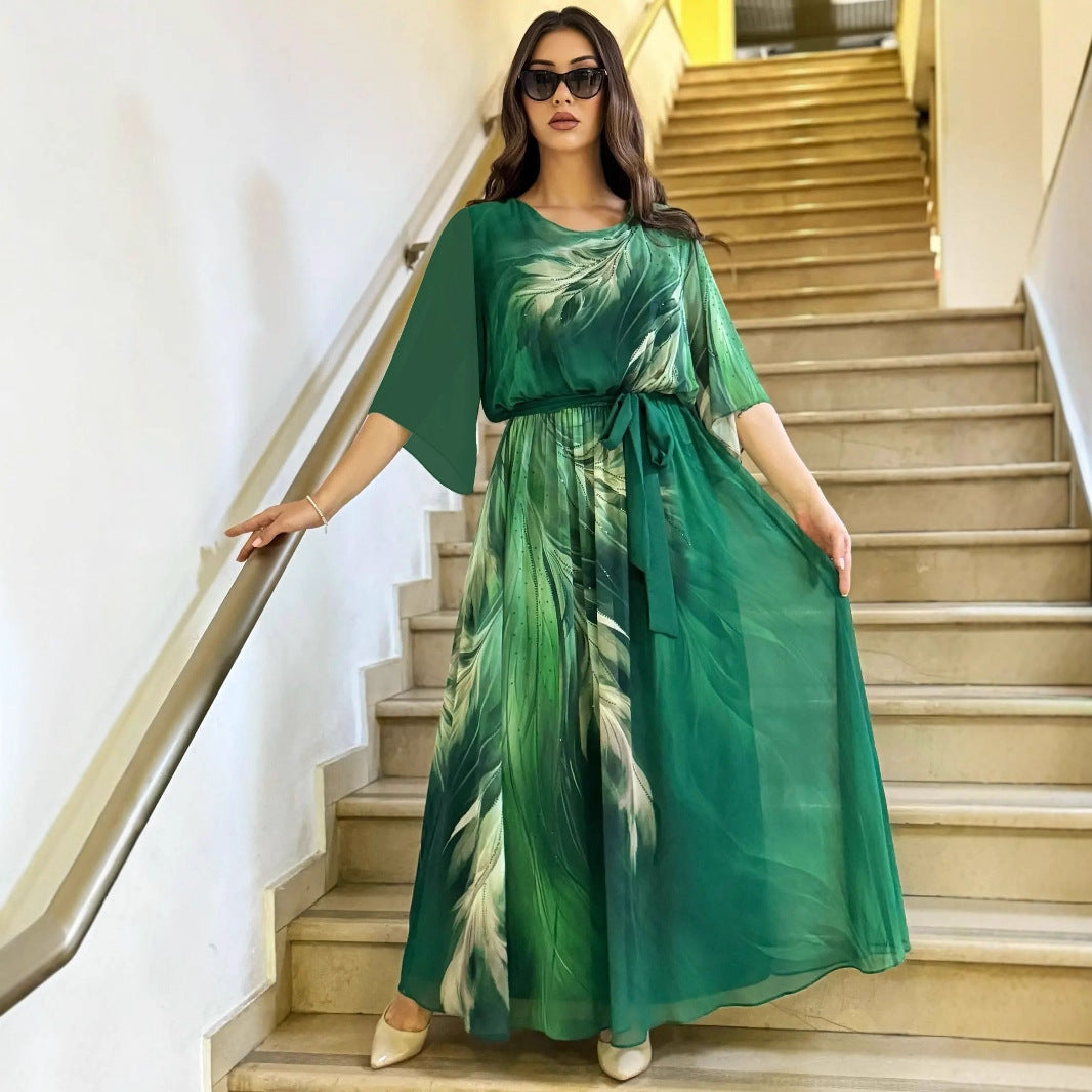 Elisora | Elegant Printed Waist Tie Maxi Dress