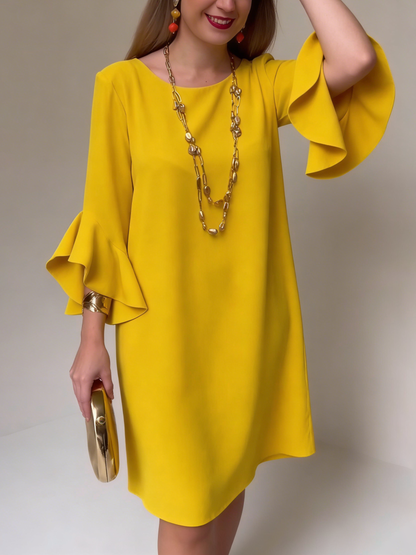 Sevryn | Mustard Ruffle Bell Sleeve Round Neck Shift Mini Dress