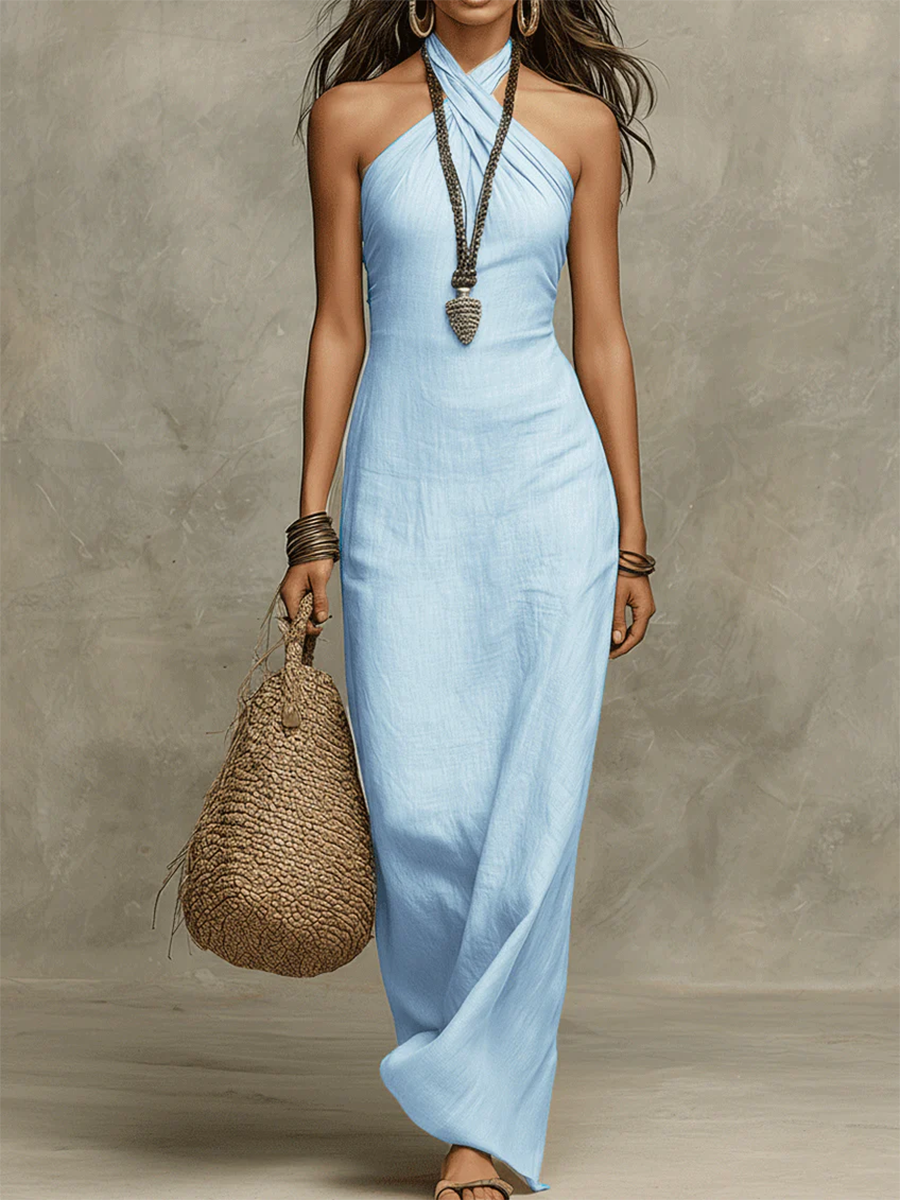 Gelvara | Linen Cross Wrap Halter Neck Fitted Maxi Dress