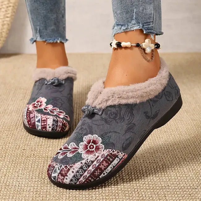 Petaline | Floral Embroidered Fleece Lined House Shoes