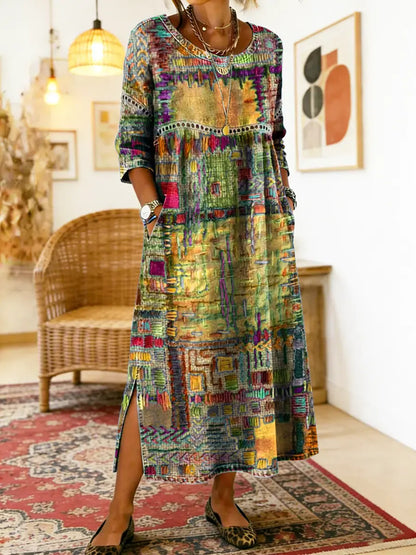 Frida | Boho Patchwork Print Relaxed Maxi Dress with Pockets