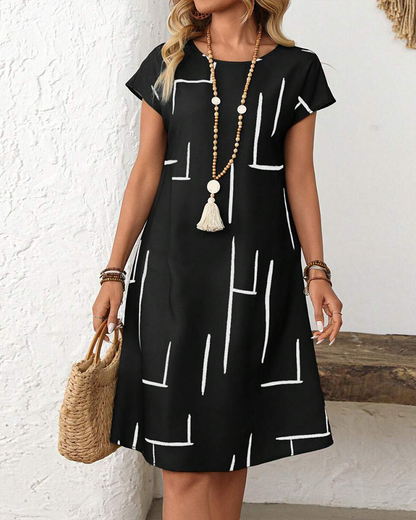 Sage | Geometric Print Round Neck Relaxed Midi Dress
