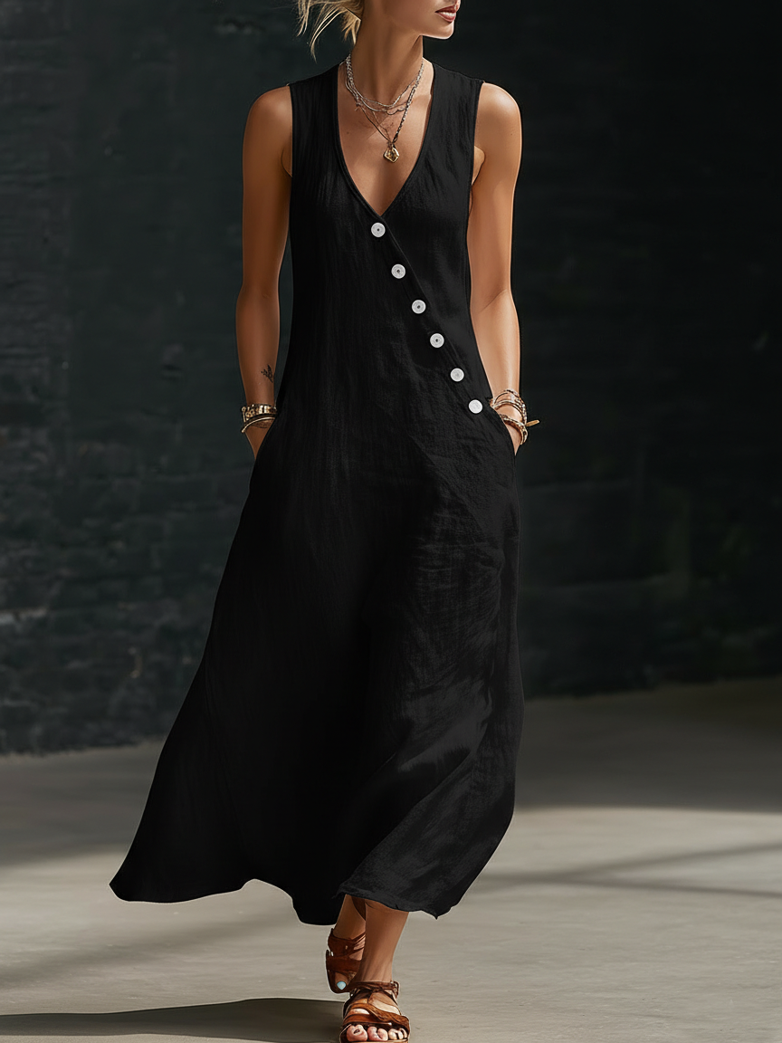 Zyvara | Linen V-Neck Diagonal Button Sleeveless Pocket Maxi Dress