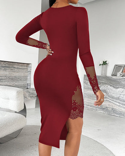 Quoryn | Long Sleeve Lace Insert High Slit Bodycon Party Dress