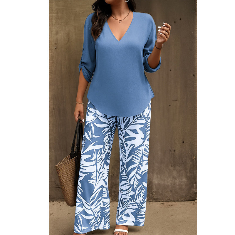 Kaelora | V Neck Top and Printed Trouser Set