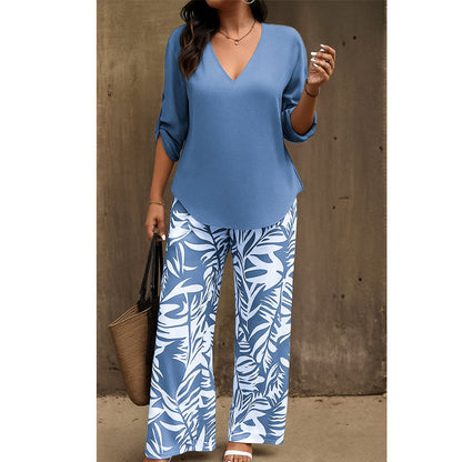 Kaelora | V Neck Top and Printed Trouser Set
