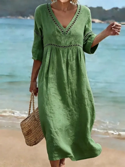 Tuvaine | Linen Eyelet Trim V-Neck Empire Waist Relaxed Midi Dress