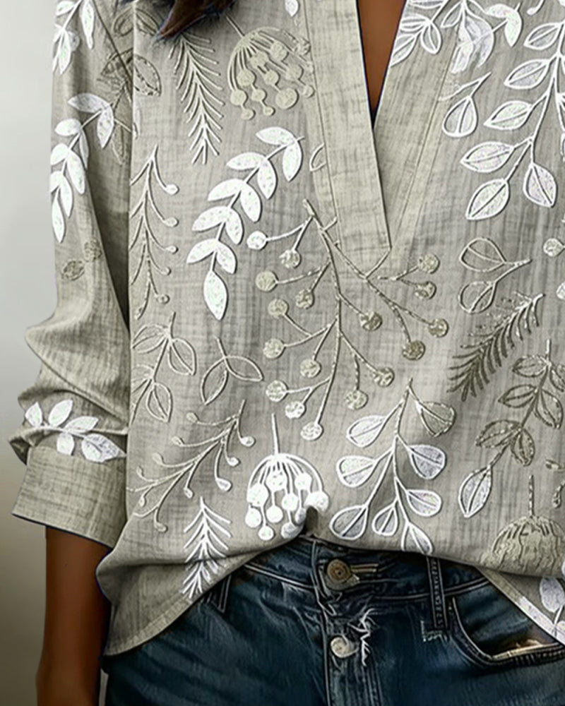 Flora | Botanical Print V-Neck Long Sleeve Blouse