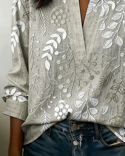 Flora | Botanical Print V-Neck Long Sleeve Blouse
