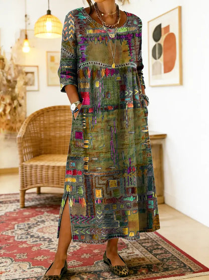 Frida | Boho Patchwork Print Relaxed Maxi Dress with Pockets