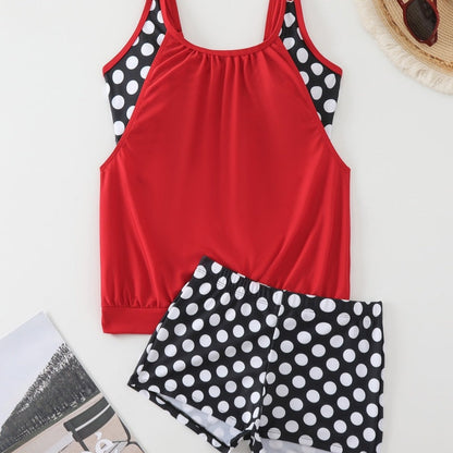 Oxvara | Colour Block Polka Dot Tankini Top & Boyleg Swim Shorts Set