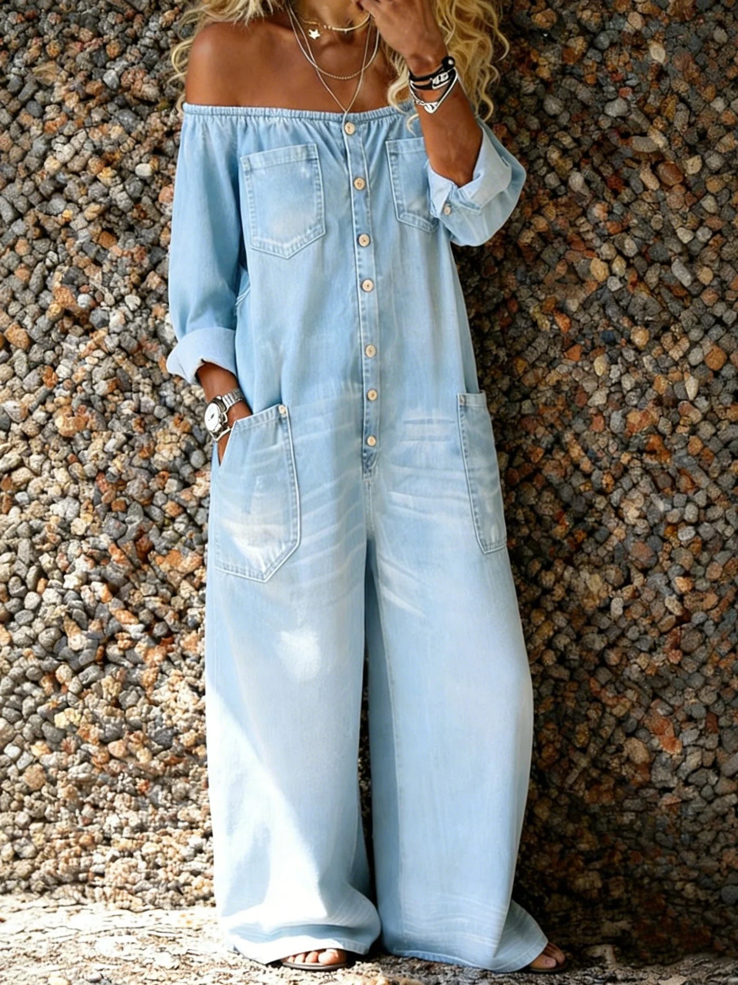 Stevie | Relaxed Off-Shoulder Button-Through Denim Jumpsuit