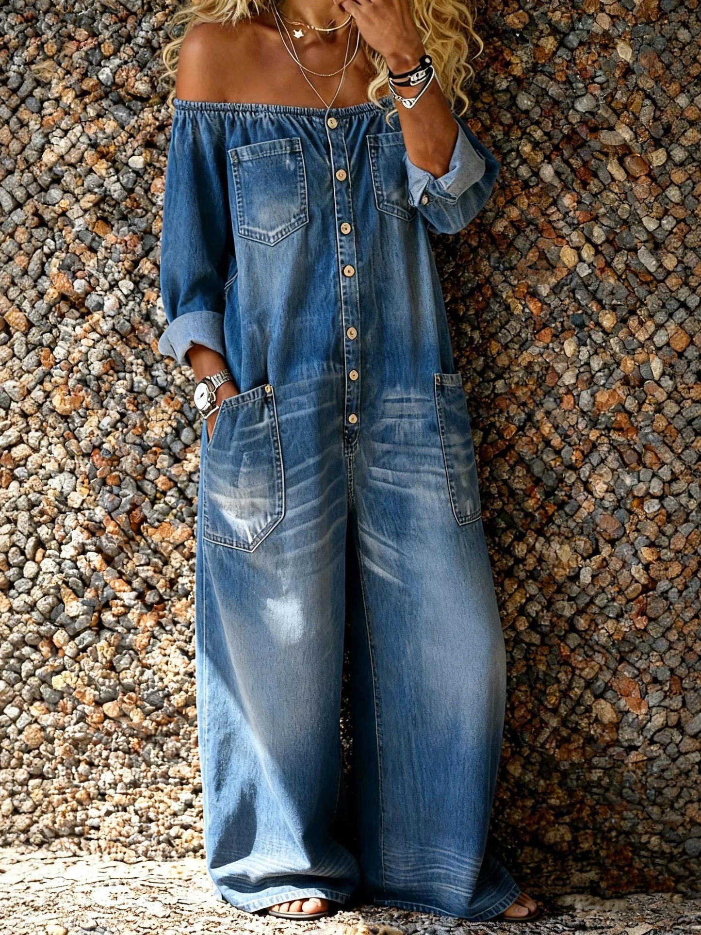 Stevie | Relaxed Off-Shoulder Button-Through Denim Jumpsuit