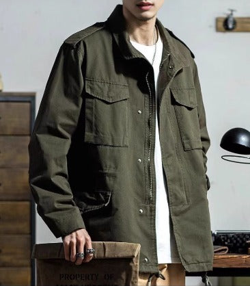 Halvex | Relaxed Fit Khaki Army Cargo Zip-Up Field Jacket