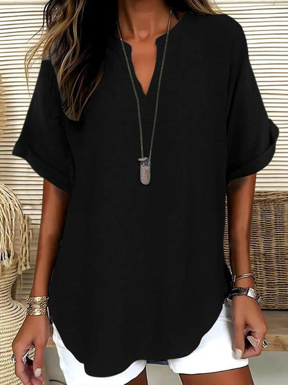Zyvara | Linen Notch Neck Curved Hem Relaxed Short Sleeve Top