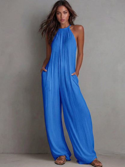 Fyndel | Flowing Crinkle Halter Neck Palazzo Leg Casual Jumpsuit